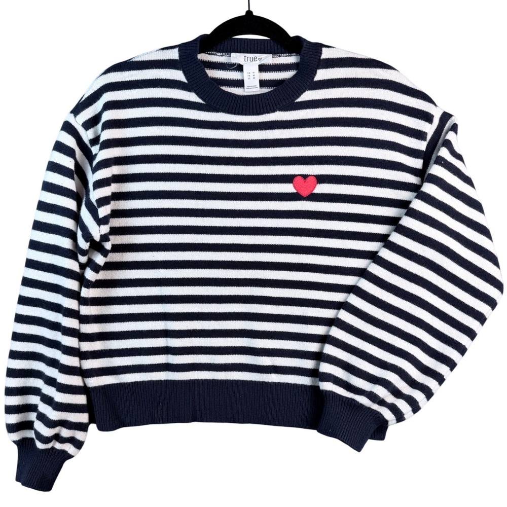 True Heart Womens Navy Blue White Striped Heart Crewneck Sweater Size M 81899J